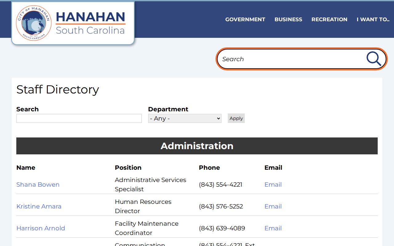 Hanahan residents directory municipal staff directory