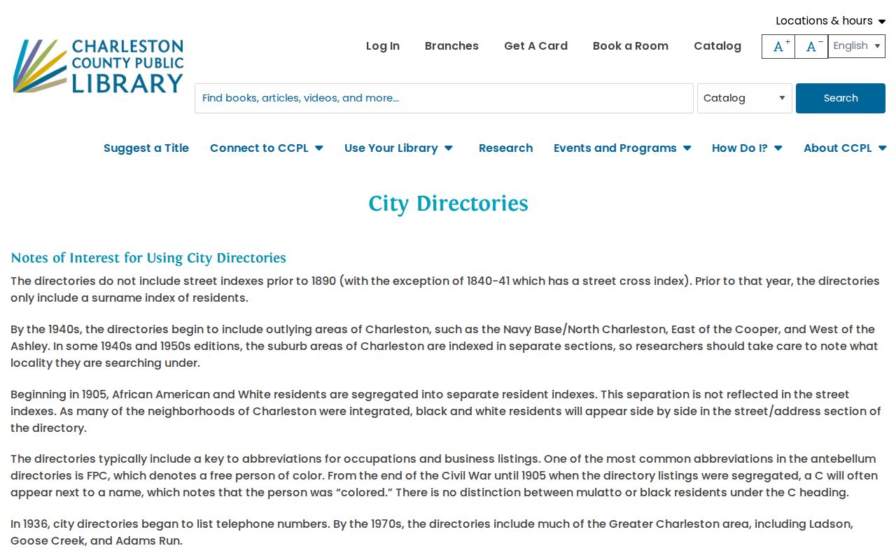 Hanahan previous residents research in city directory collections