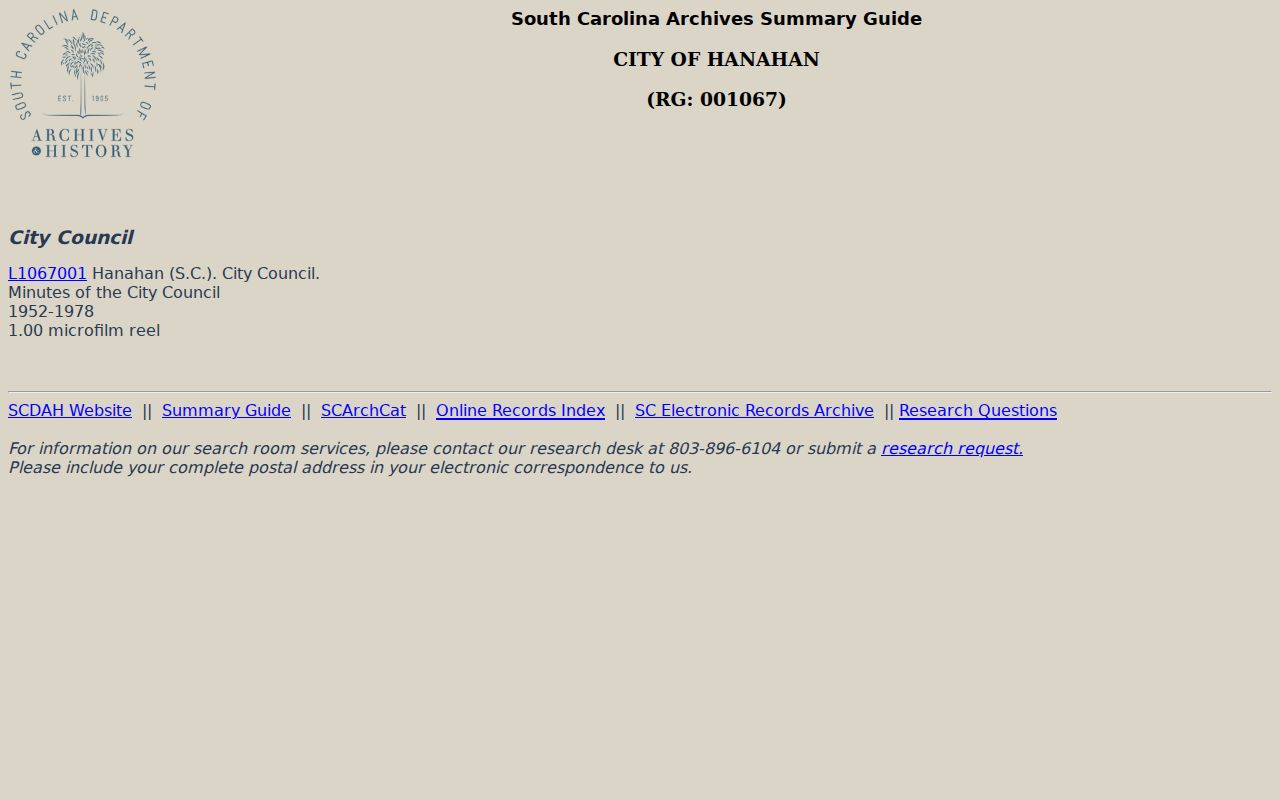Hanahan previous residents Council minutes microfilm context